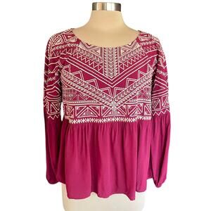 Rockin" C Burgundy Boho Top White Embroidery Balloon Sleeves MED Western Peasant